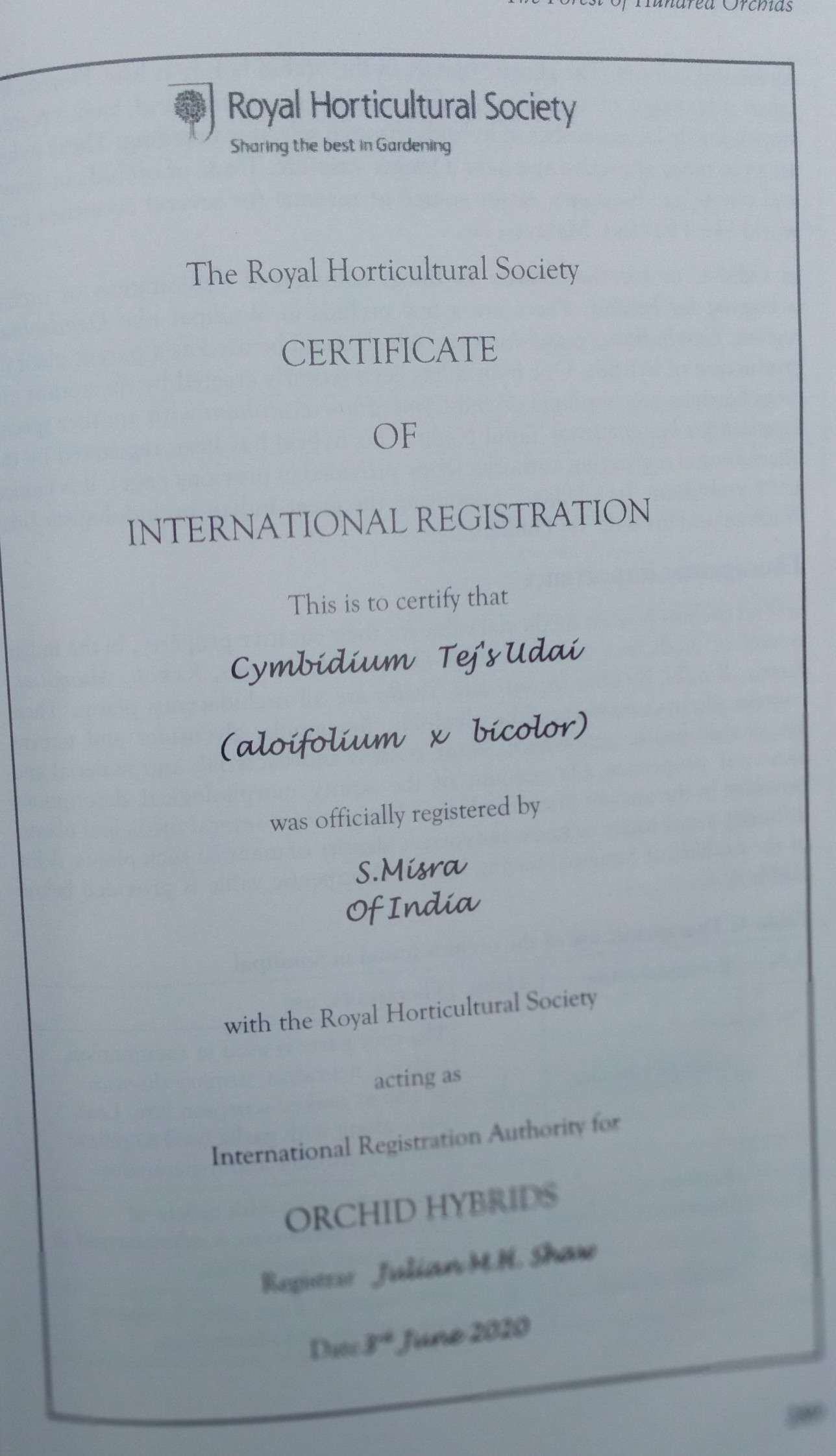 RBS Certificate of Acceptance of New Species 2020